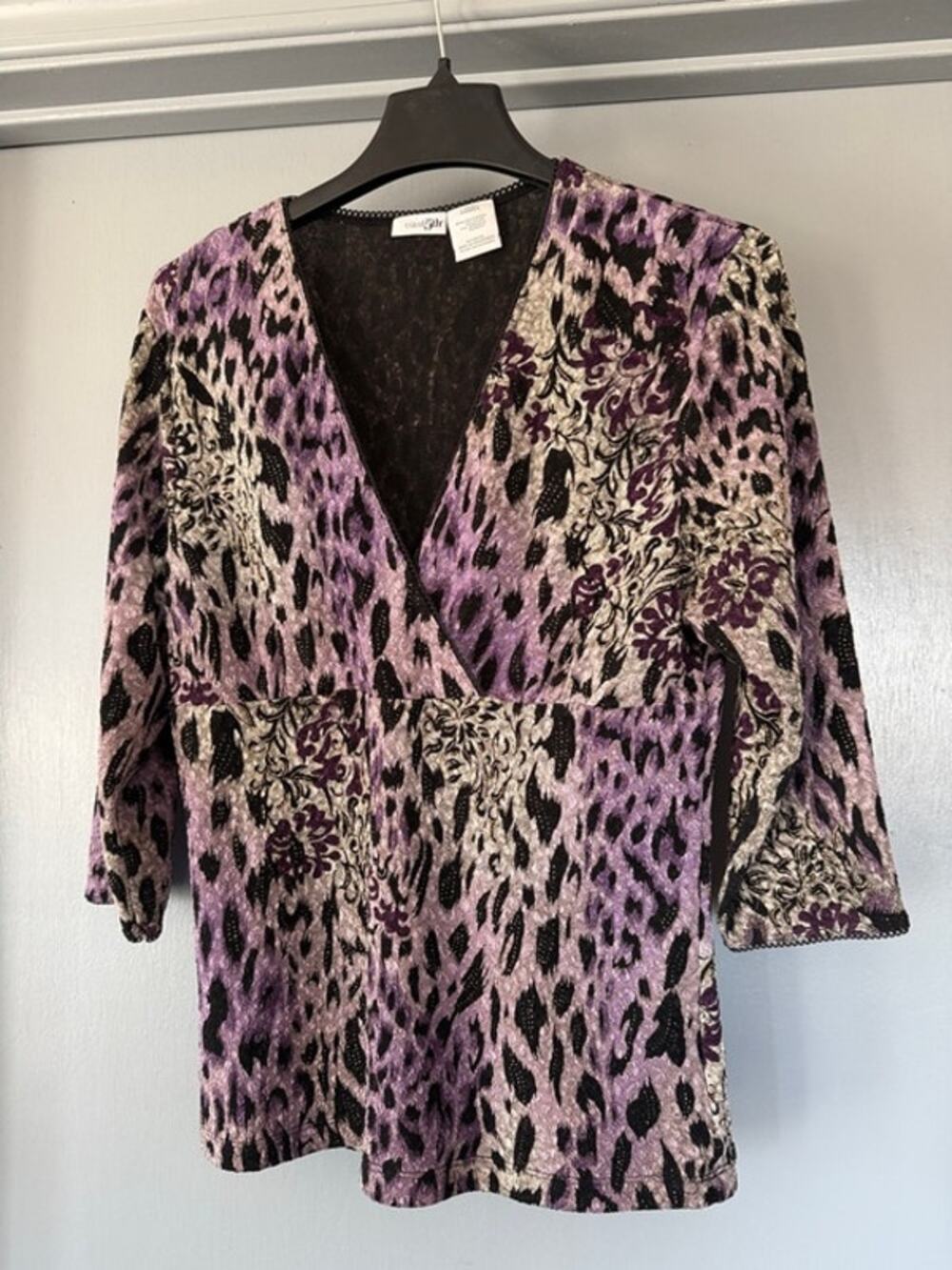 East 5th Women's Purple Black Pullover Stretchy Top Y2K Babydoll 3/4 Sleeve sz L